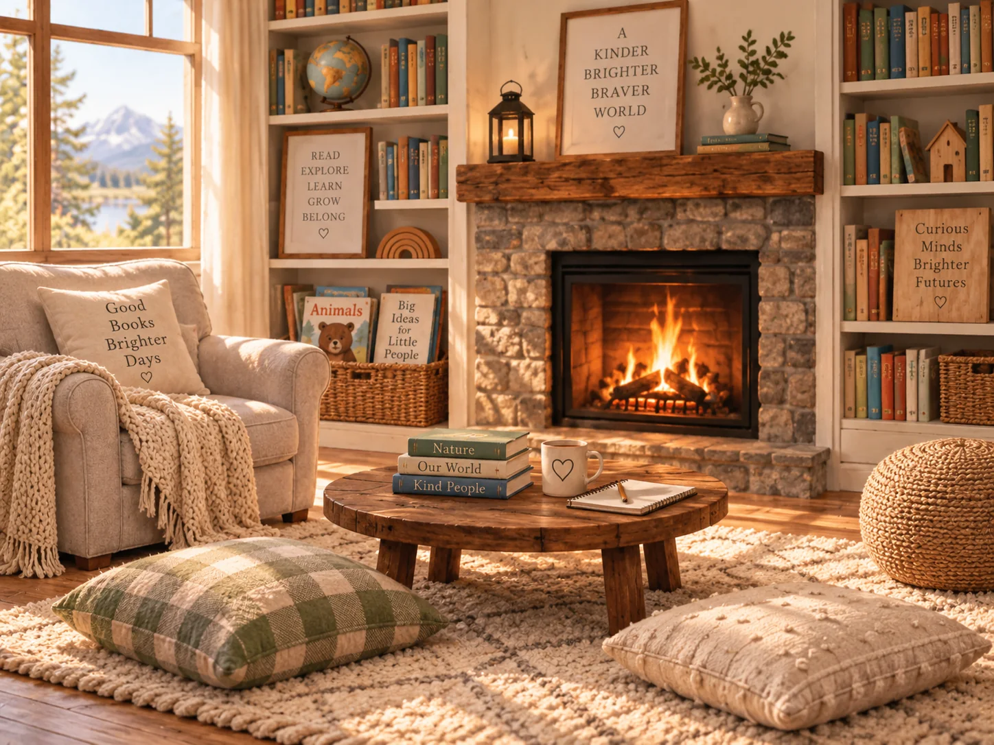Cozy family reading room with bookshelves, fireplace and study materials